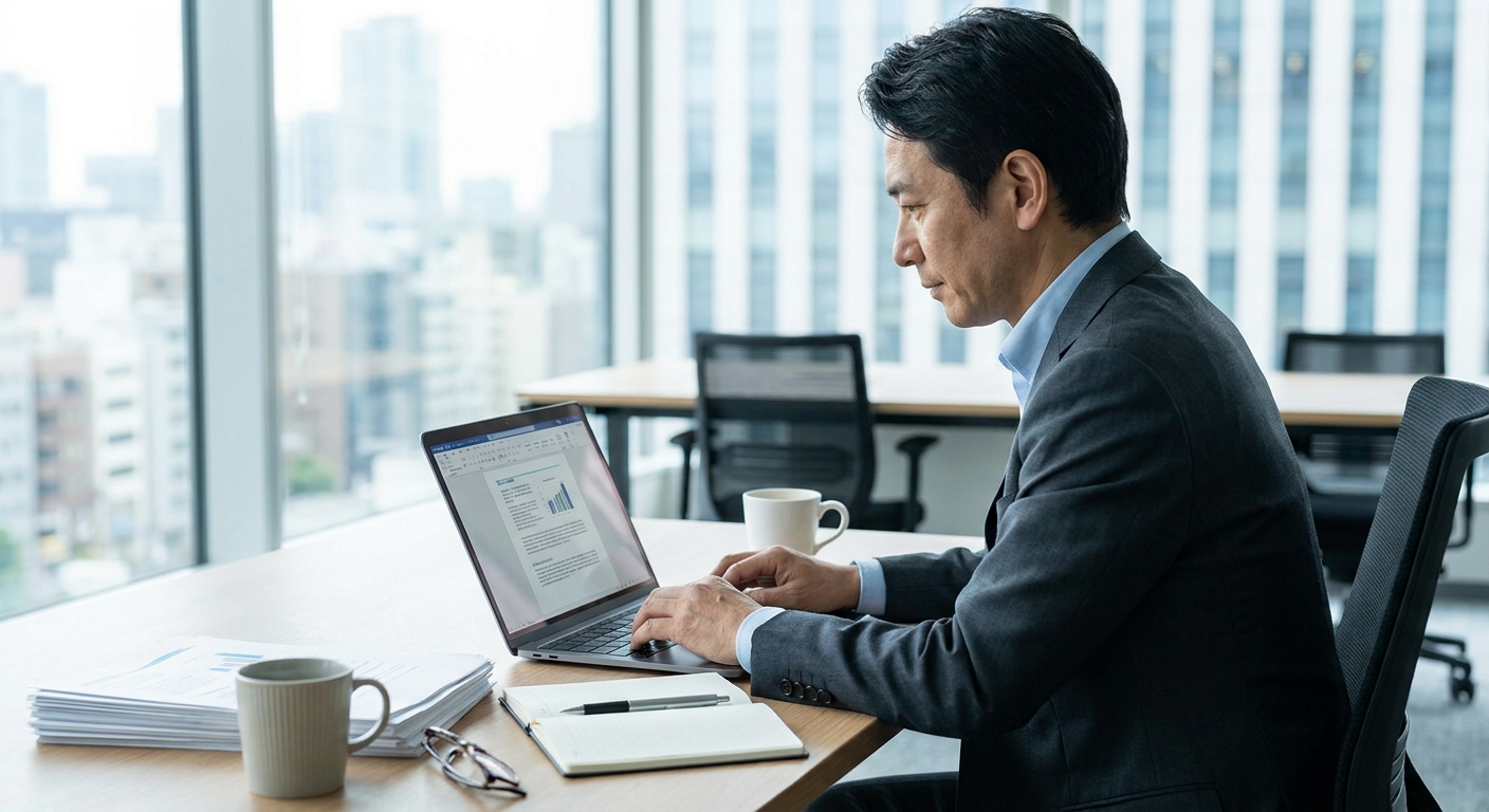 PCで事業計画書を作成しているイメージ