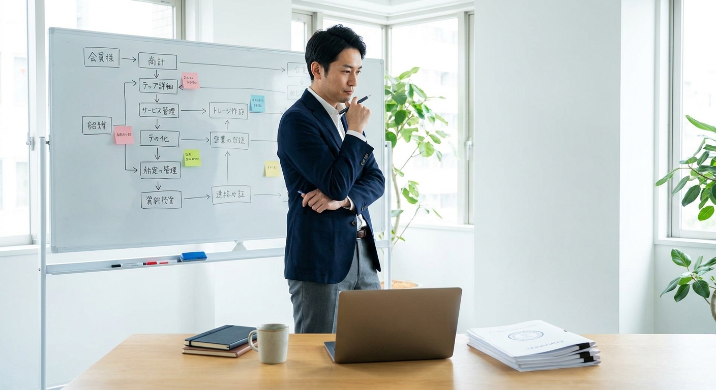 非居住者が日本で会社設立を完了するまでの5つのステップを示すフローチャート図