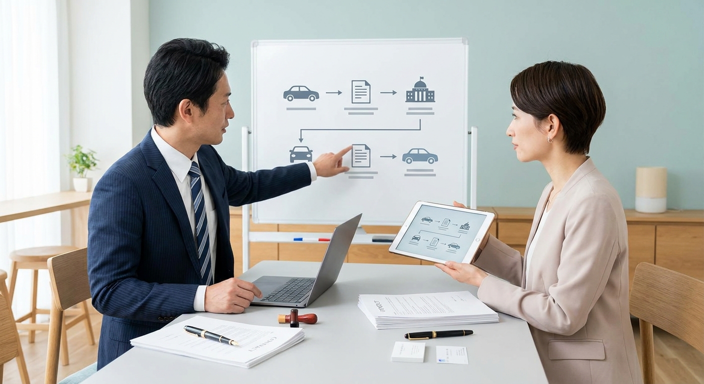 資産売買契約書の簡易テンプレートまたは車の名義変更フロー図