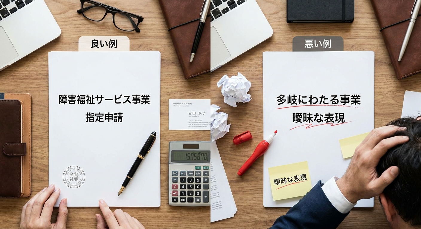 定款の事業目的における良い記載例と悪い記載例の比較図