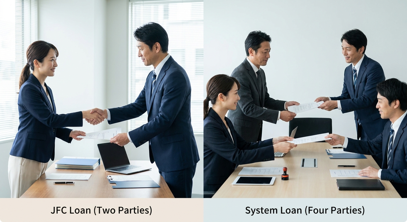 日本政策金融公庫と制度融資の仕組み・登場人物の比較図