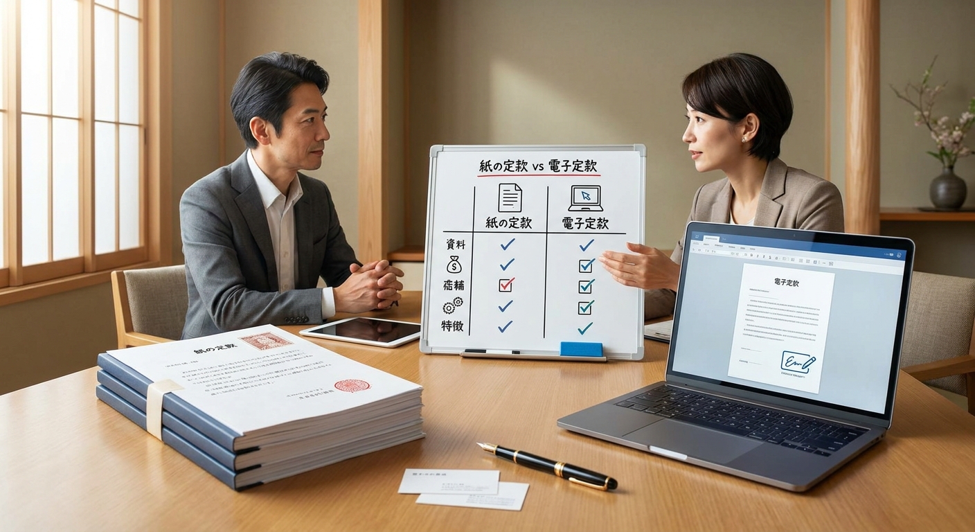 紙の定款と電子定款のコスト・特徴比較表