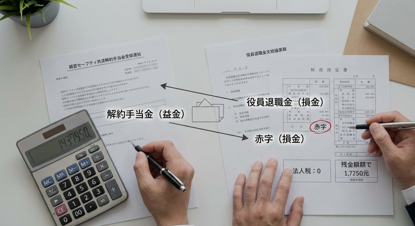 解約手当金（益金）と役員退職金（損金）の相殺による節税の仕組み