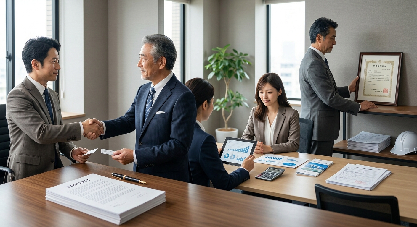 信用力、融資、許認可の3つのメリットを示すアイコン画像