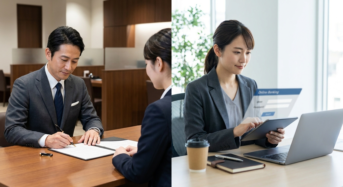 銀行の窓口やオンラインバンキングのイメージ画像