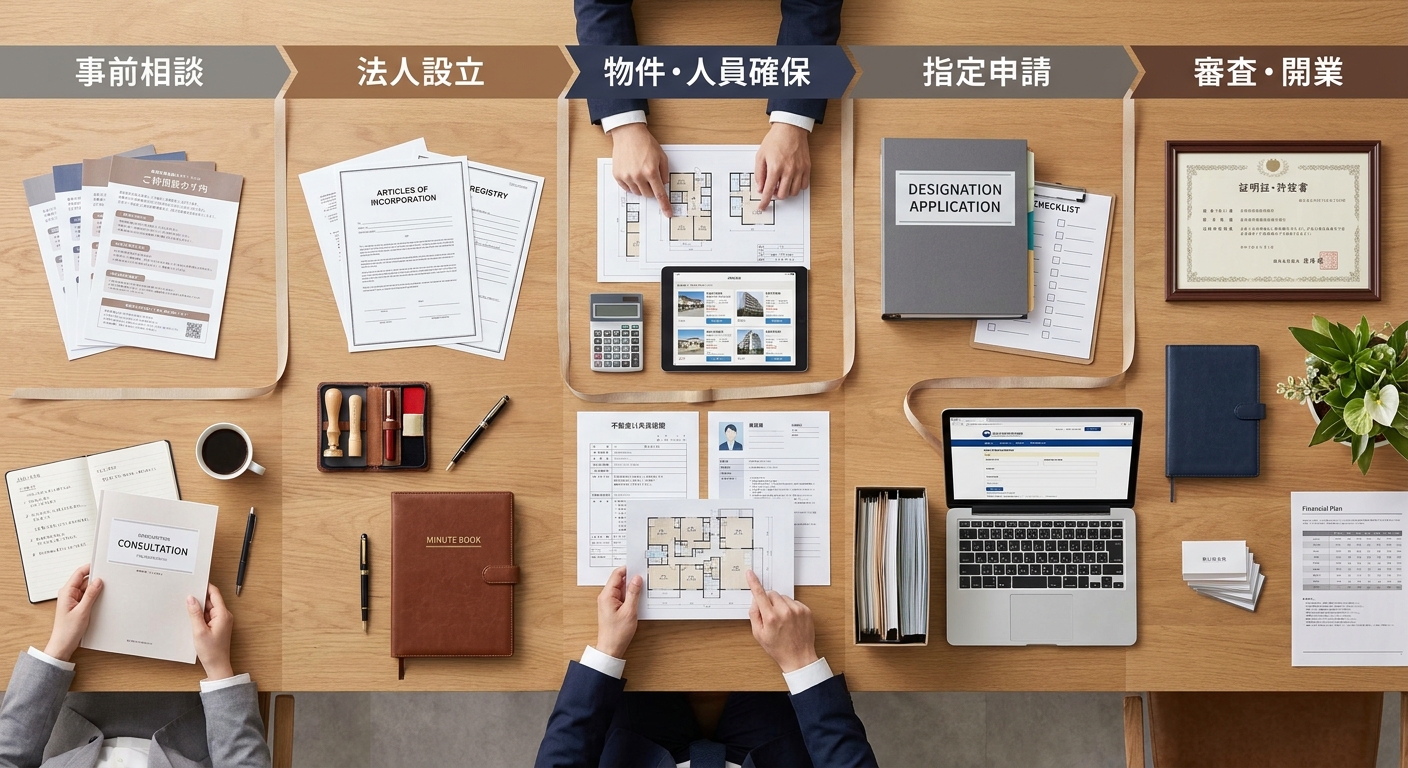 法人設立から指定申請、開業までの5ステップを示したスケジュールロードマップ