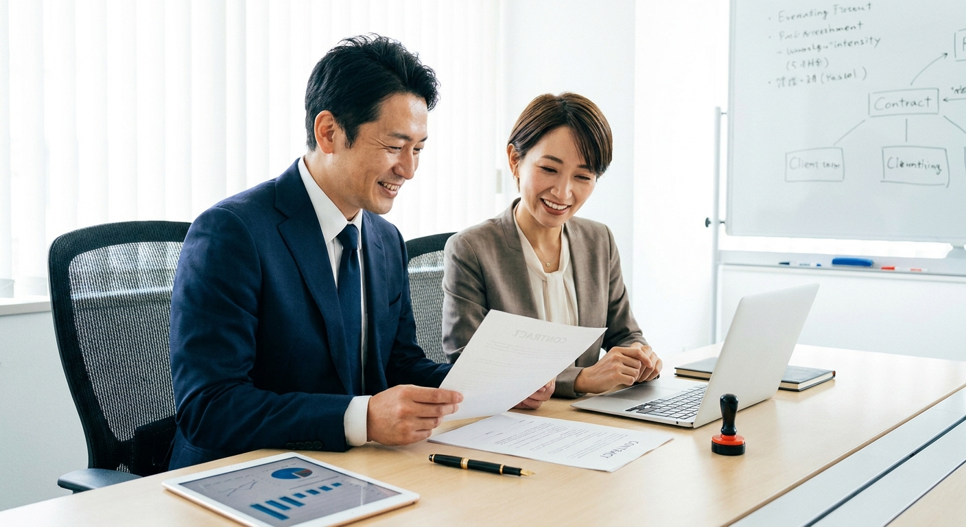 障害福祉サービスの開業に向けて笑顔で話し合うスタッフたちのイメージ画像