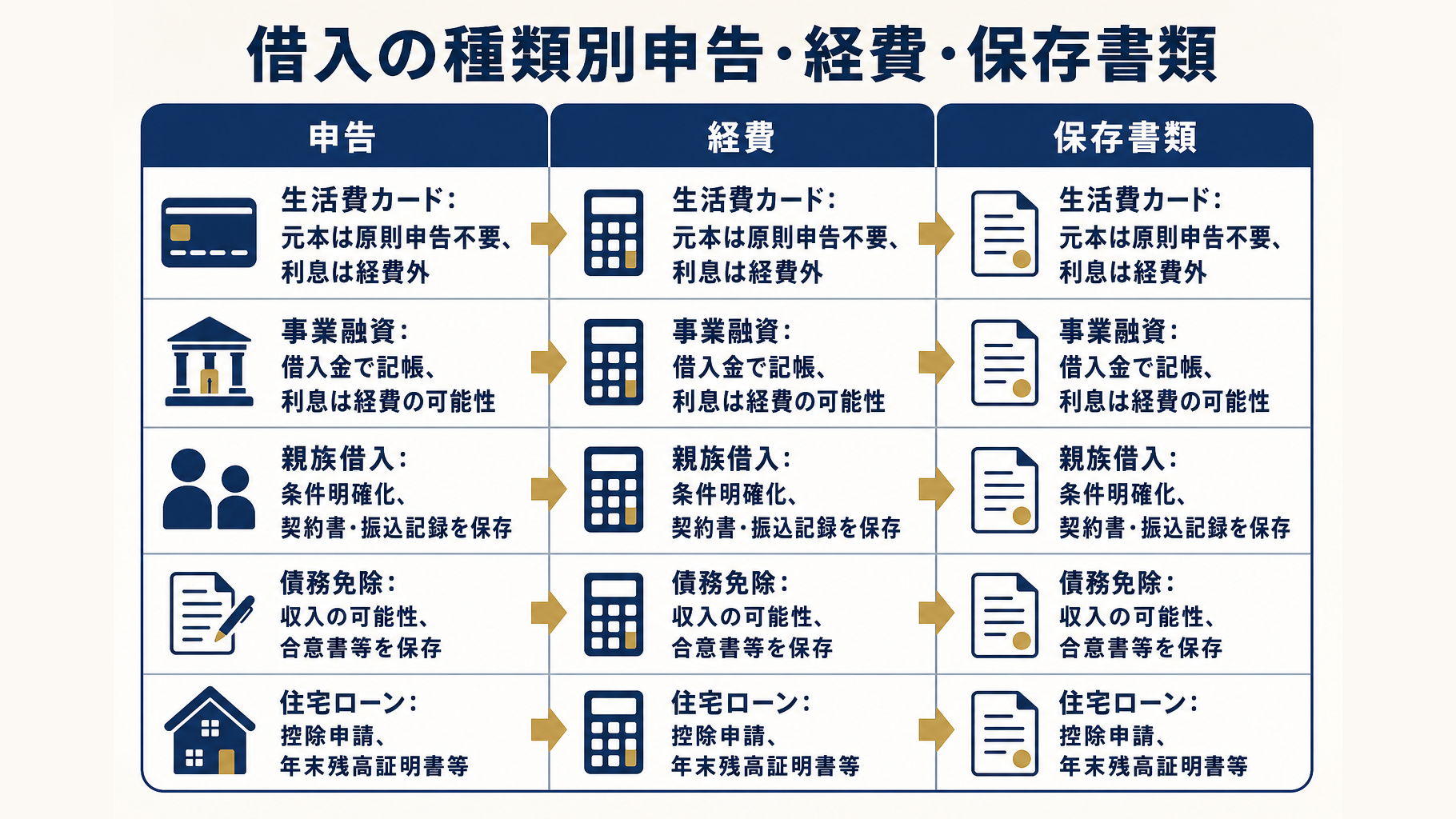 借入の種類別に申告・経費・保存書類を整理した判断表