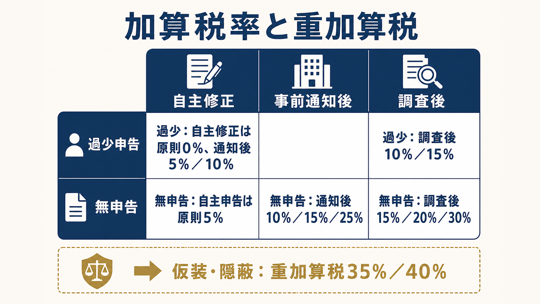 自主修正、無申告、税務調査後の加算税率を比較した早見表