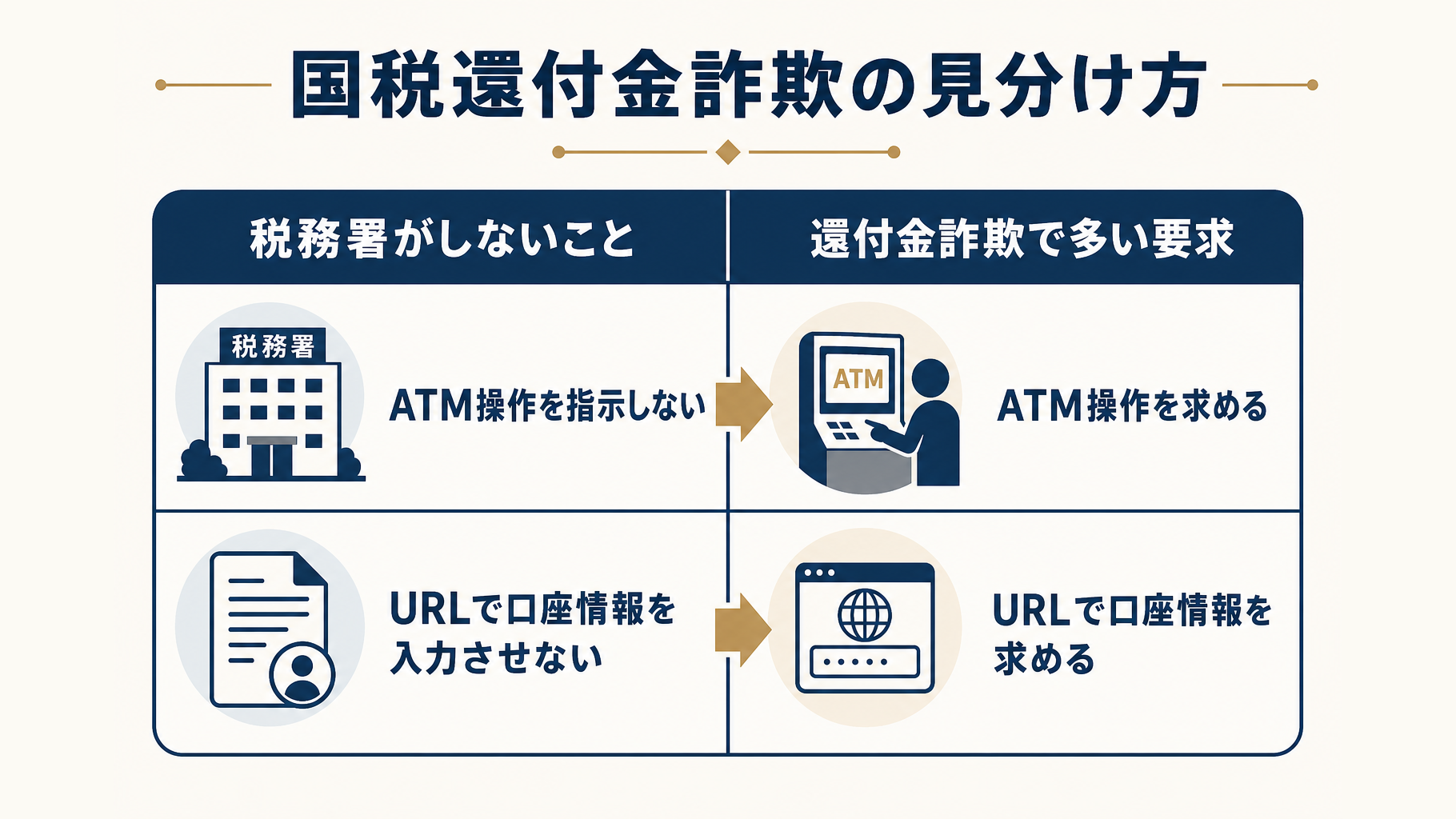 税務署がしないことと還付金詐欺で多い要求を比較した表